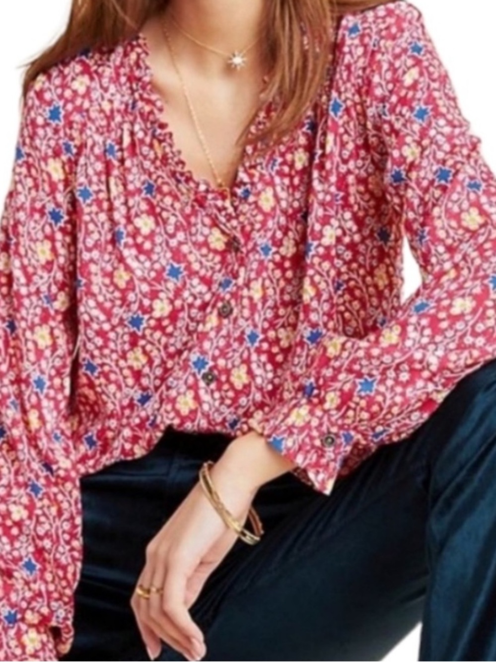 Maeve Anthropologie Marisol Red Floral Ruffle Button Down Blouse